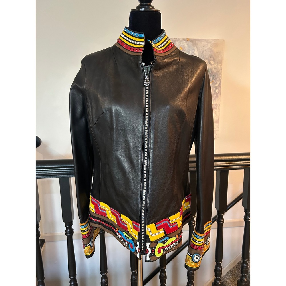 Kippys Coronado Calif Black Leather Crystal Embellished Western Jacket Size 8